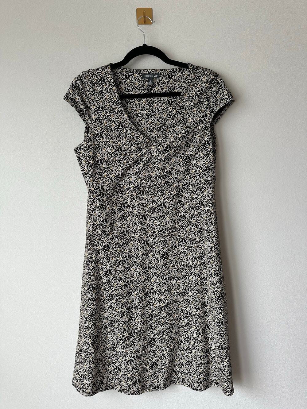 Toad & Co Floral Dress Black White Daisy Print Fit Flare Lyocel Cotton Dress  L